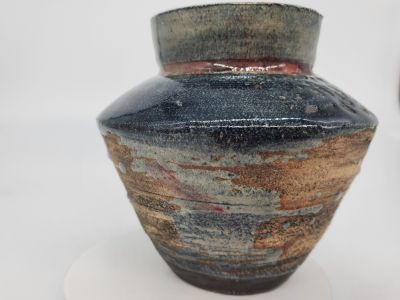 Decorative Thrown Then Sculpted Small Angular Primitive Vase With Underglaze & Clear Glaze
