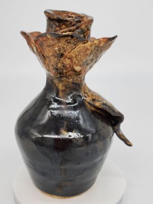 Decorative Thrown Then Sculpted Medium Curvy Rustic Lidded Bottle With Black & Rust Glaze