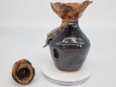 Decorative Thrown Then Sculpted Medium Curvy Rustic Lidded Bottle With Black & Rust Glaze