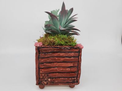 Decorative Slabbed Then Hand Formed Medium Rectangular Fun Flower Pot With Underglaze & Clear Glaze