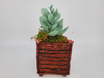 Decorative Slabbed Then Hand Formed Medium Rectangular Fun Flower Pot With Underglaze & Clear Glaze