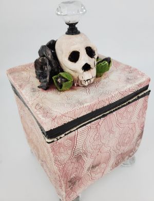 Decorative Slabbed Then Sculpted Small Square Unique Skull Box With Underglaze & Clear Glaze