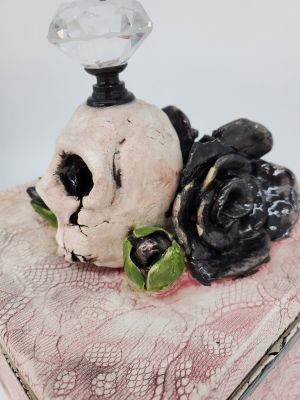 Decorative Slabbed Then Sculpted Small Square Unique Skull Box With Underglaze & Clear Glaze