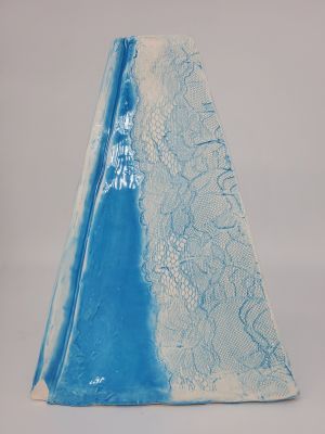 Functional Slabbed Medium Triangular Interesting Vase With Underglaze & Clear Glaze