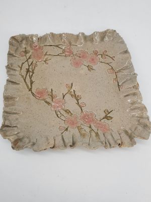 Medium Stunning Cherry Blossom Rounded Corners High-Fire Plate With Underglaze & Clear Glaze